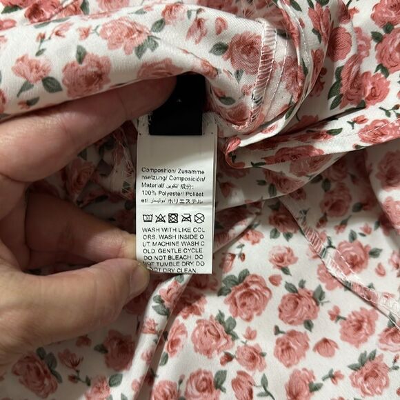 SHEIN M White Pink Rose Floral Faux Wrap Flutter Sleeve A-Line Dress - Picture 14 of 14